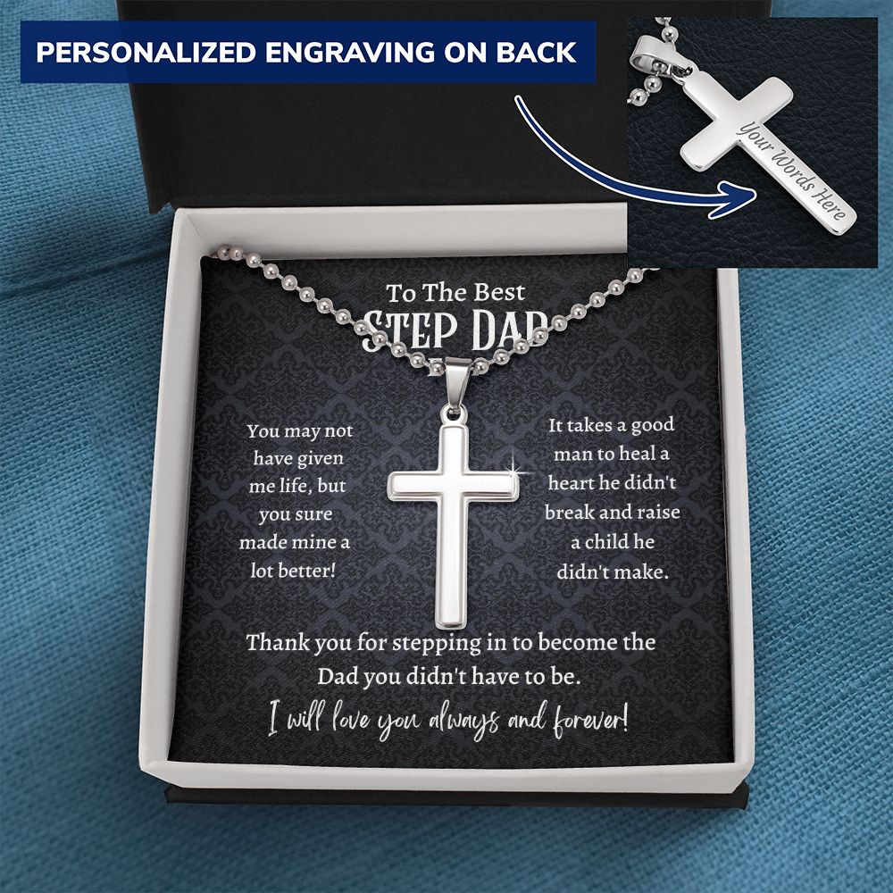 Personalized Cross With Ball Chain, gift for Step Dad, Bonus Dad, on Father's Day, his birthday