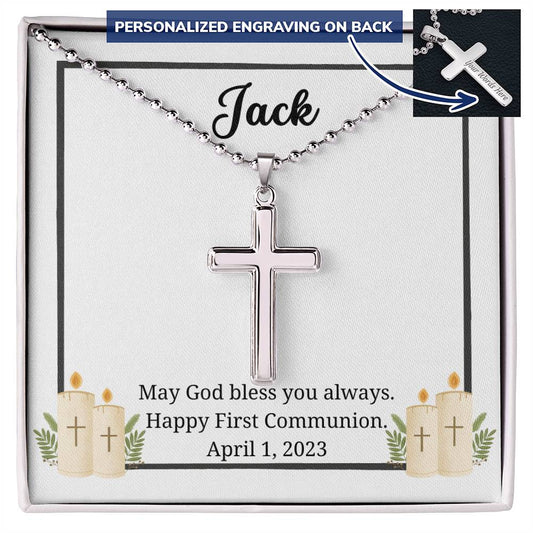 Personalized Cross Necklace with ball chain, gift for boy, son, godson, grandson, nephew, on his first Holy Communion.