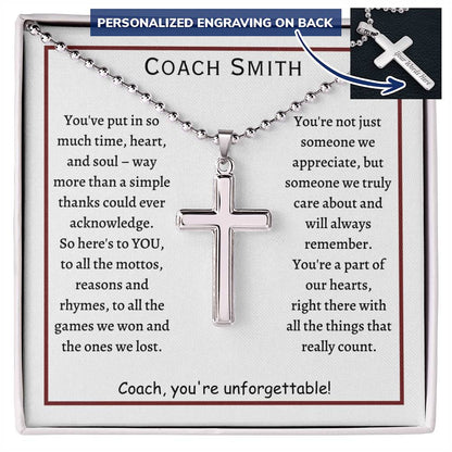 Personalized Cross Necklace with ball chain and message card, gift for Coach, football coach, from team, player.