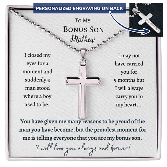 Personalized Engraved Cross Necklace with ball chain, gift for bonus son for his Birthday, Thanksgiving, Christmas