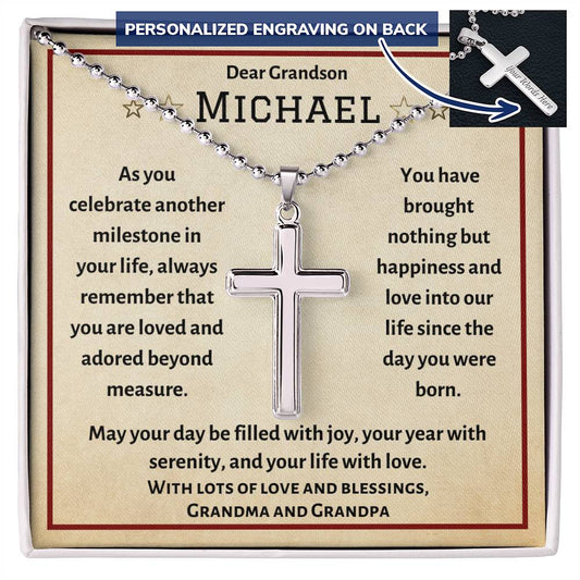 Personalized Cross Necklace, gift for Grandson on his Birthday, Thanksgiving, Christmas