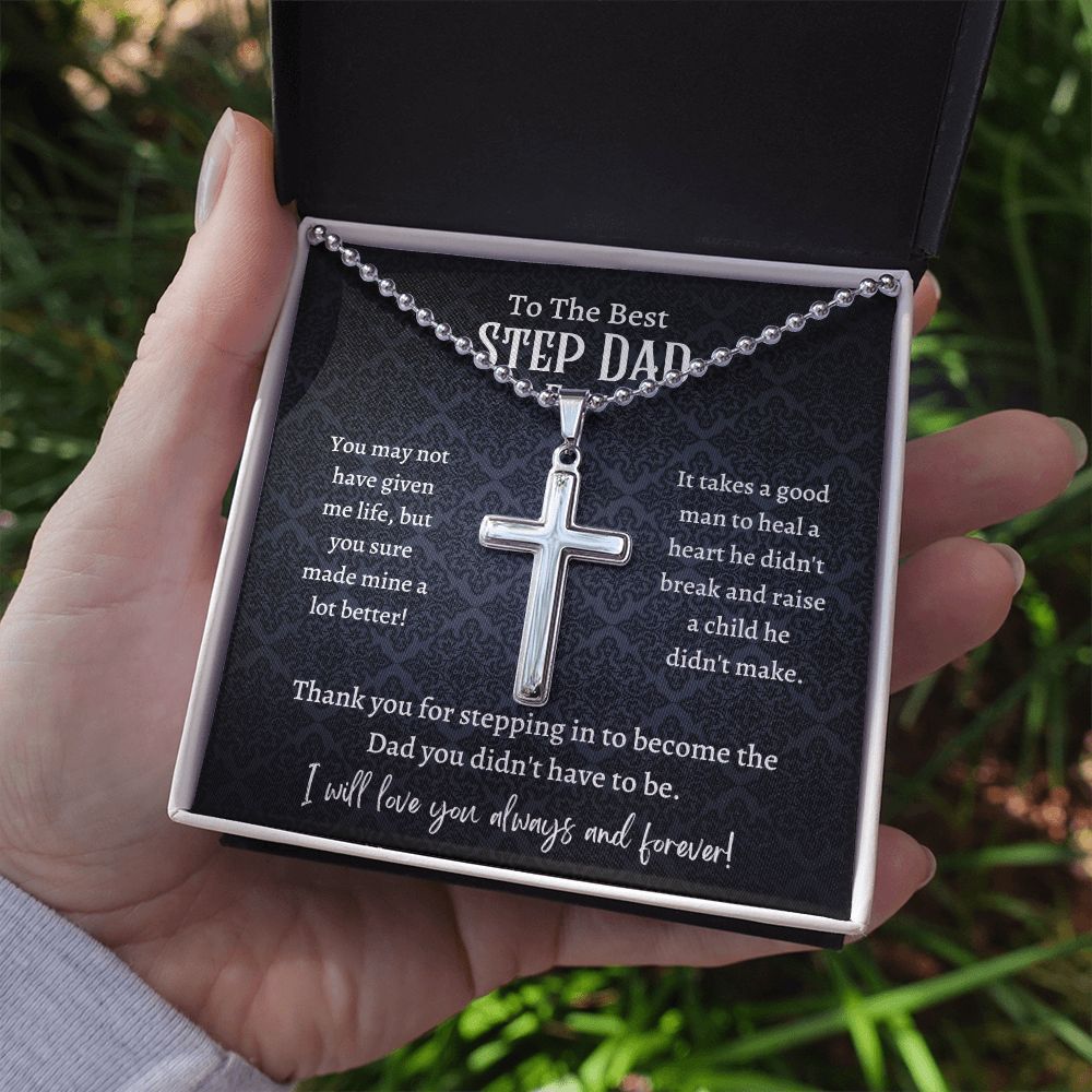 Personalized Cross With Ball Chain, gift for Step Dad, Bonus Dad, on Father's Day, his birthday