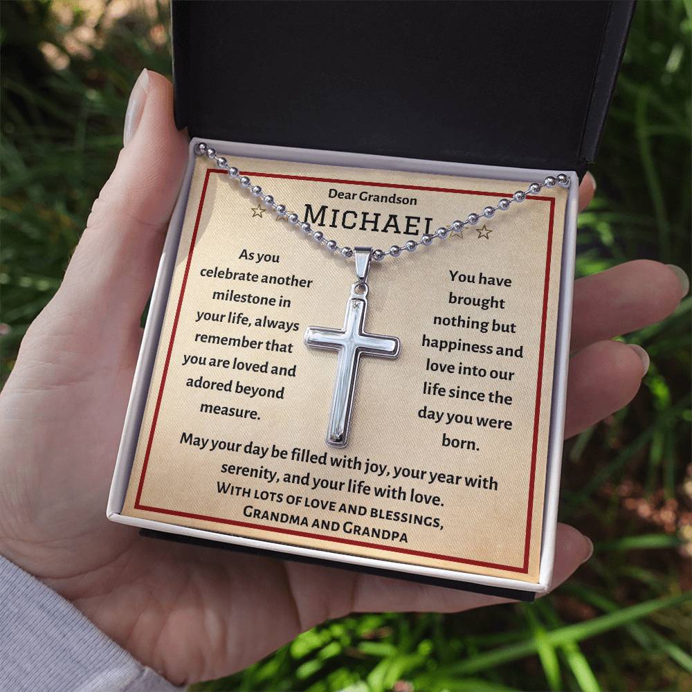 Personalized Cross Necklace, gift for Grandson on his Birthday, Thanksgiving, Christmas