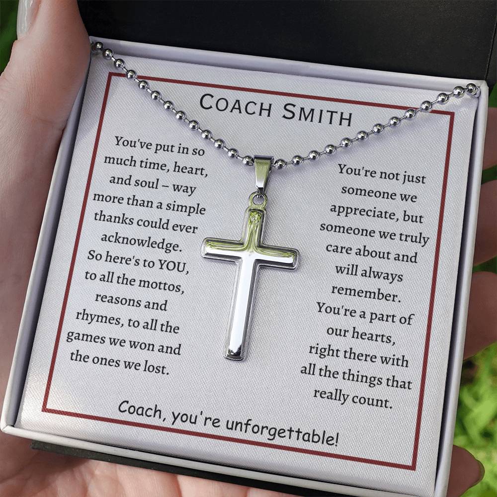 Personalized Cross Necklace with ball chain and message card, gift for Coach, football coach, from team, player.