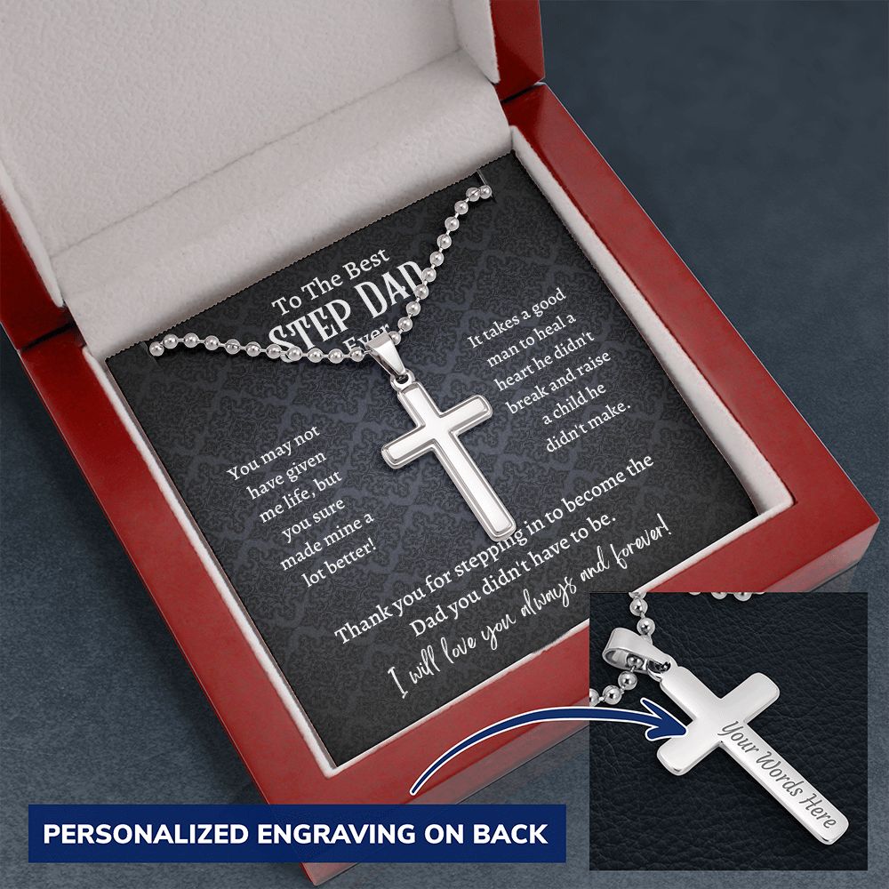 Personalized Cross With Ball Chain, gift for Step Dad, Bonus Dad, on Father's Day, his birthday