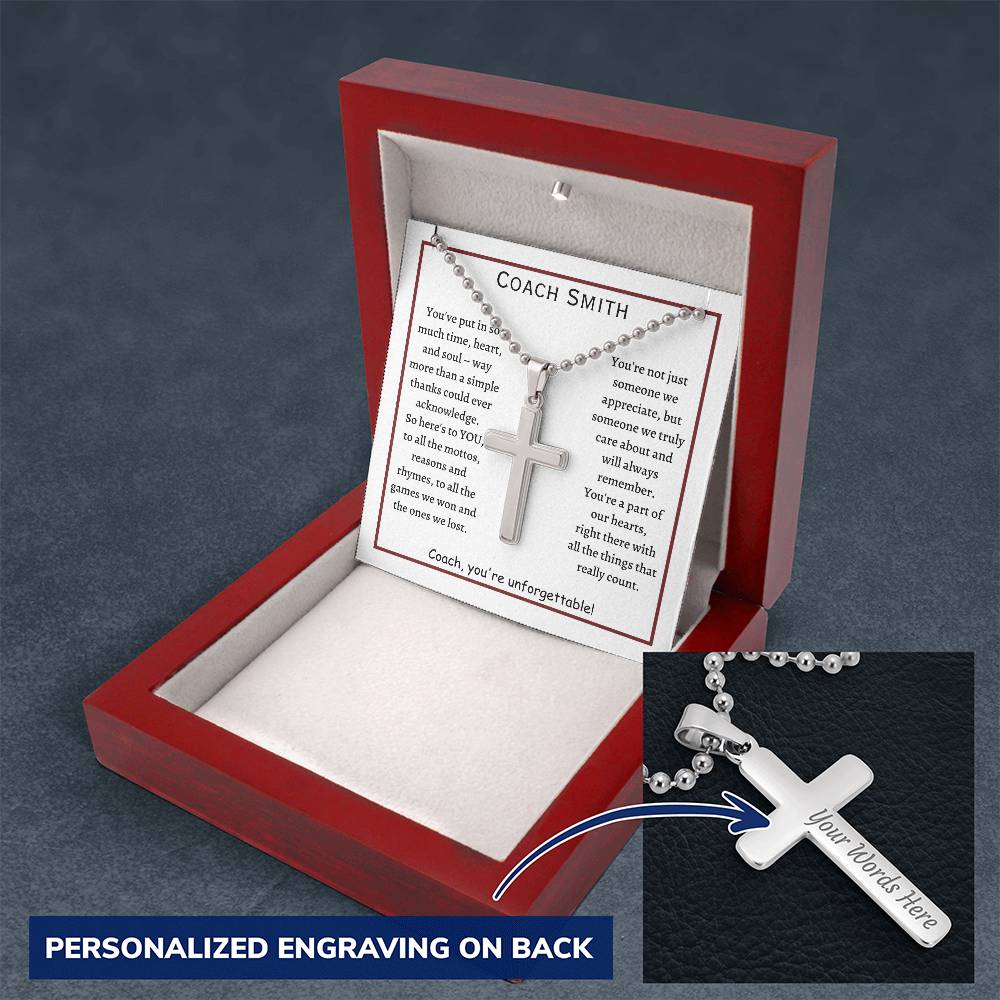 Personalized Cross Necklace with ball chain and message card, gift for Coach, football coach, from team, player.