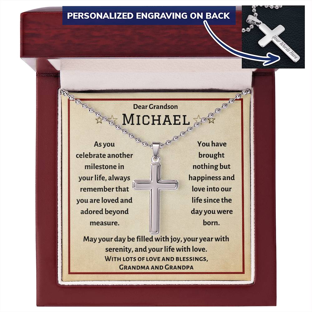 Personalized Cross Necklace, gift for Grandson on his Birthday, Thanksgiving, Christmas