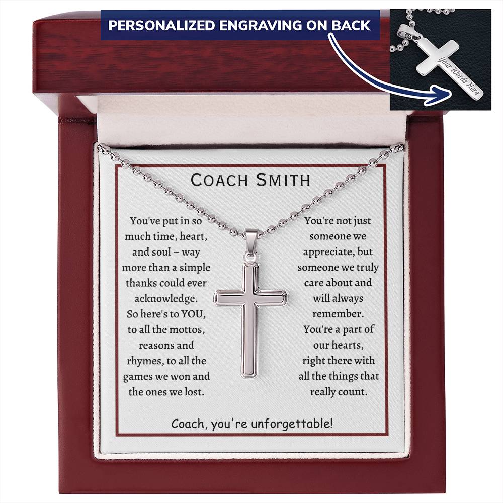 Personalized Cross Necklace with ball chain and message card, gift for Coach, football coach, from team, player.