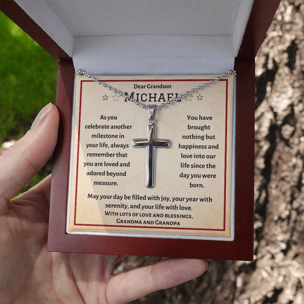 Personalized Cross Necklace, gift for Grandson on his Birthday, Thanksgiving, Christmas