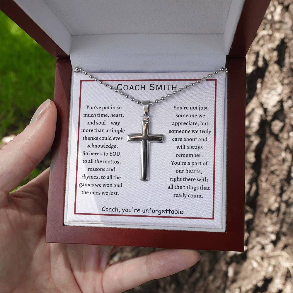 Personalized Cross Necklace with ball chain and message card, gift for Coach, football coach, from team, player.