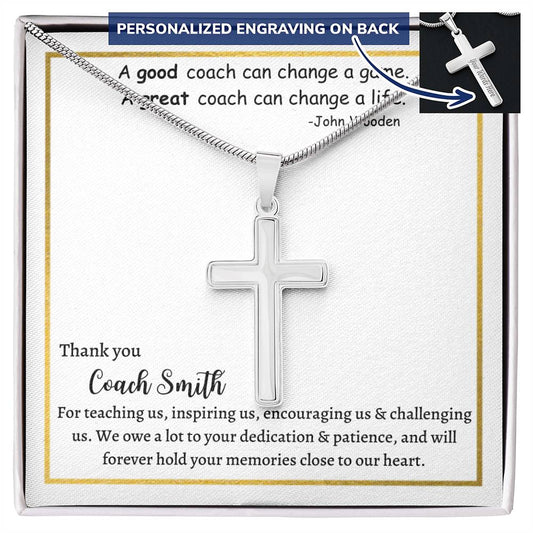 Personalized Cross Necklace and message card, gift for Coach, football coach, from team, player.