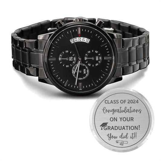 Engraved Design Black Chronograph Watch, Graduation gift for son, grandson, boy, him, class of 2024