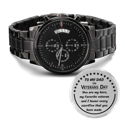 U.S. Veteran Engraved Design Black Chronograph Watch, gift for Veteran Dad on Veterans Day