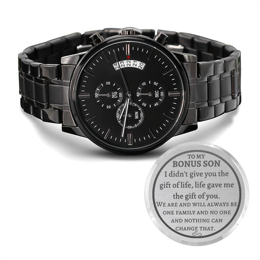 Engraved Design Black Chronograph Watch, gift for Bonus Son on his birthday, graduation, Thanksgiving, Christmas