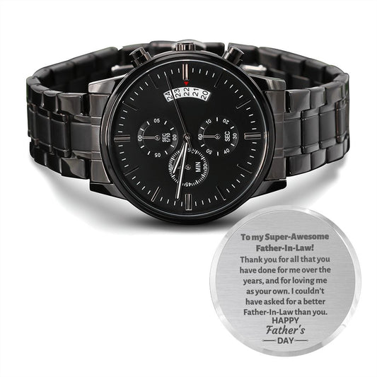 Engraved Design Black Chronograph Watch, gift for Father-in-law, Bonus Dad on Father's Day