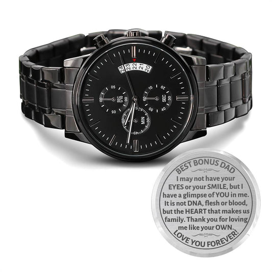 Engraved Design Black Chronograph Watch, gift for Bonus Dad for Father's Day, Birthday