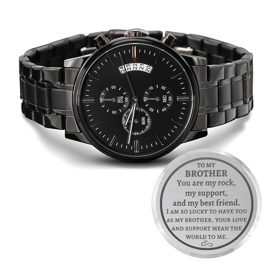 Engraved Design Black Chronograph Watch, gift for Brother on his birthday, graduation, thanksgiving, Christmas