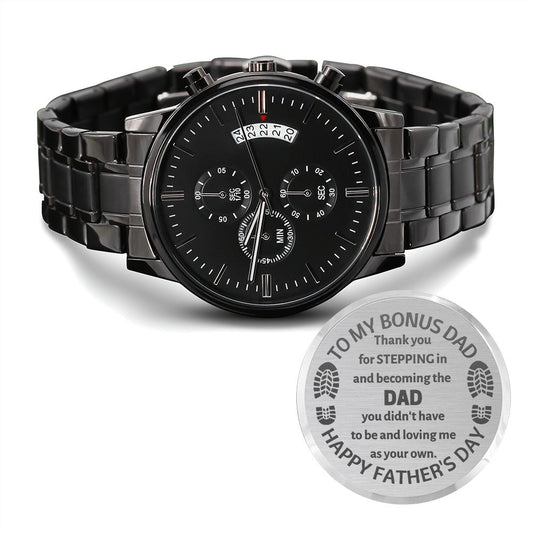 Engraved Design Black Chronograph Watch, gift for Bonus Dad, Step father on Father's Day