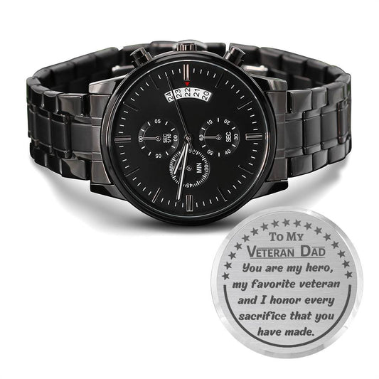 Engraved Design Black Chronograph Watch, gift for Veteran Dad on Father's Day, his birthday, Thanksgiving, Christmas