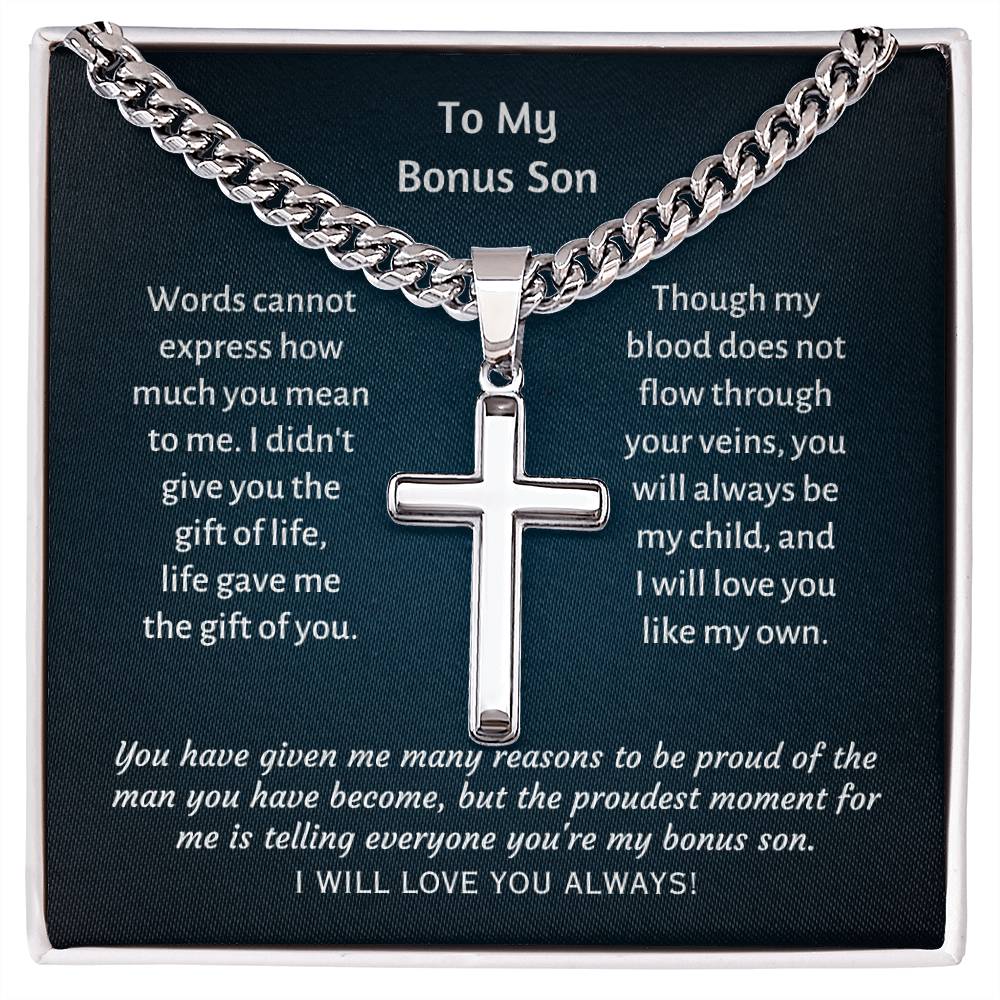 Personalized stainless steel cross with message card, gift for bonus son for his birthday, Christmas