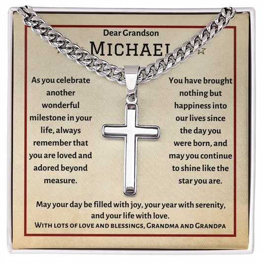 Cuban Chain with Personalized Artisan Cross Necklace, gift for Grandson on his special day, birthday, graduation