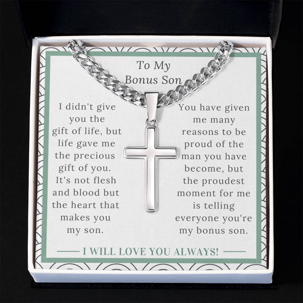 Personalized stainless steel cross with message card, gift for bonus son for his birthday, Christmas