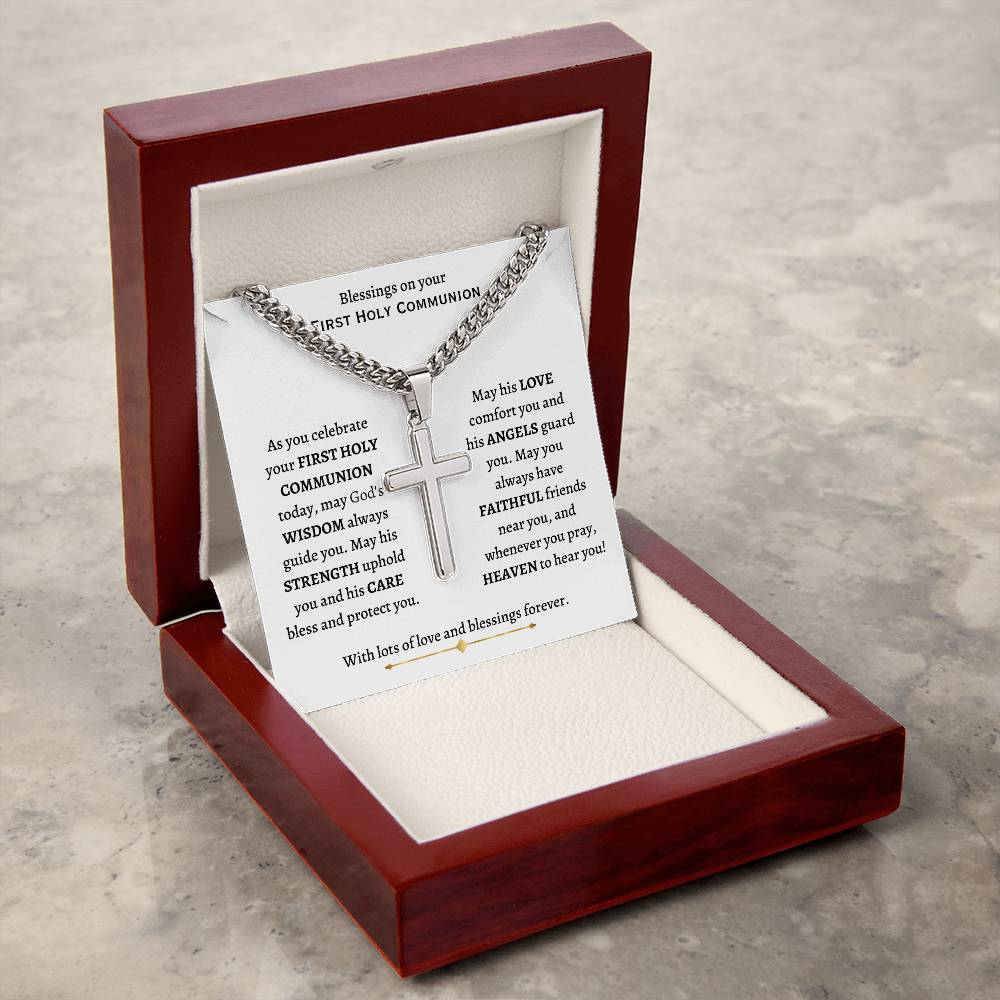 Cuban Chain with Personalized Cross Necklace, gift for boy, grandson, Son, Godson, Nephew on his First Holy Communion