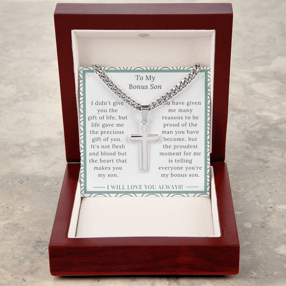 Personalized stainless steel cross with message card, gift for bonus son for his birthday, Christmas