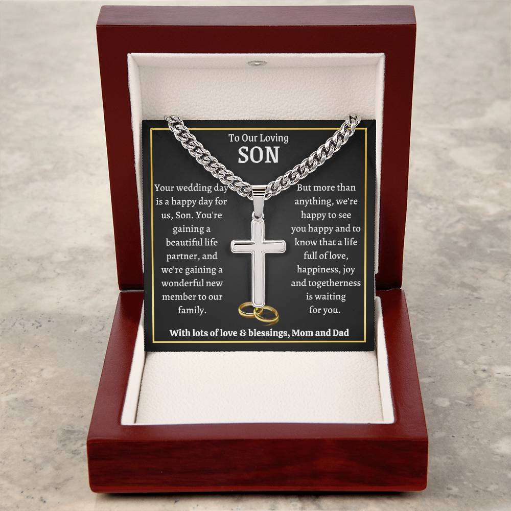 Cuban Chain with Artisan Cross Necklace gift for Our Son on His Wedding Day