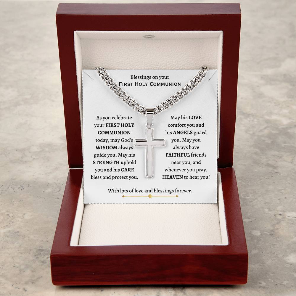 Cuban Chain with Personalized Cross Necklace, gift for boy, grandson, Son, Godson, Nephew on his First Holy Communion