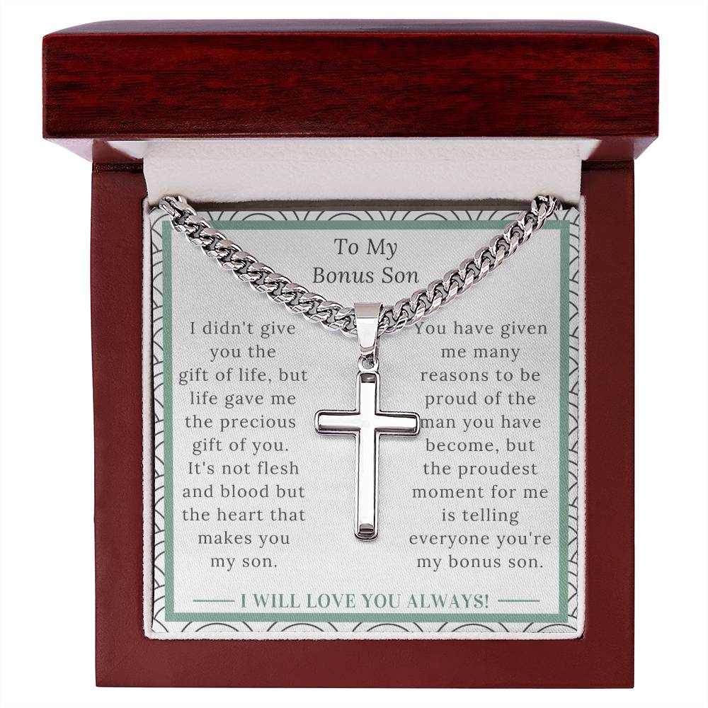 Personalized stainless steel cross with message card, gift for bonus son for his birthday, Christmas