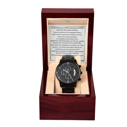 Black Chronograph watch with message card, gift for step dad, step father, will you adopt me?