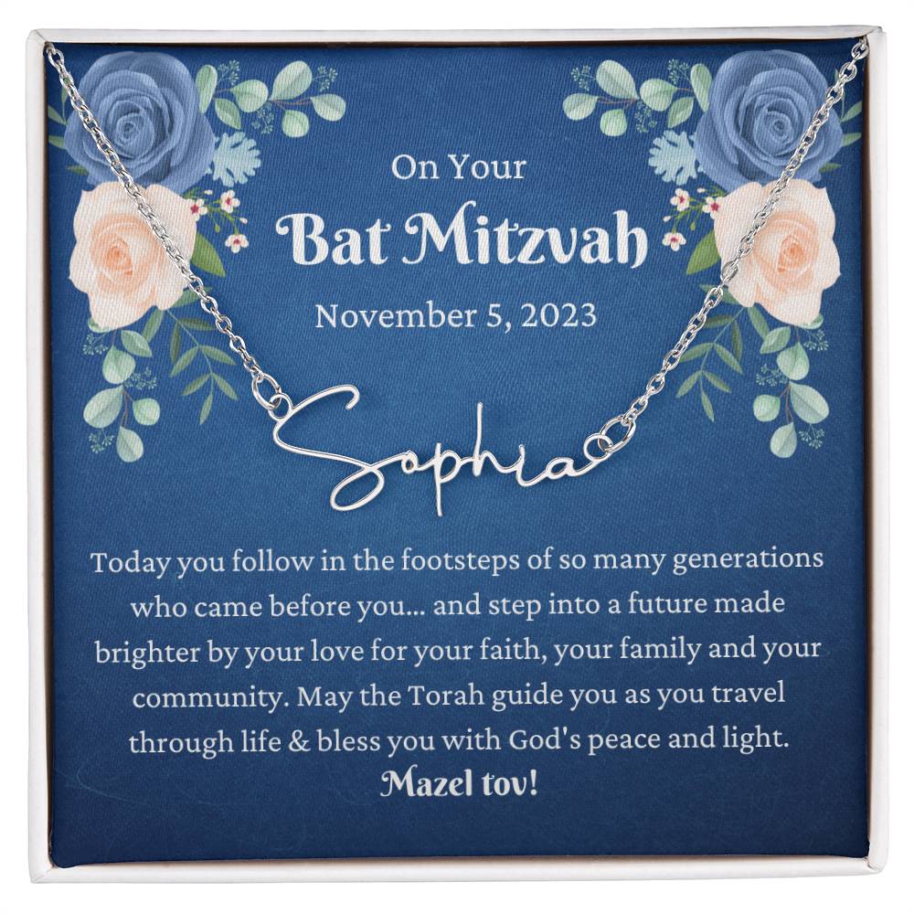 Signature Style Name Necklace, Bat Mitzvah Gift Necklace, Mazel Tov Gift for Bat Mitzvah Jewelry, Bat Mitzvah Necklace for girl