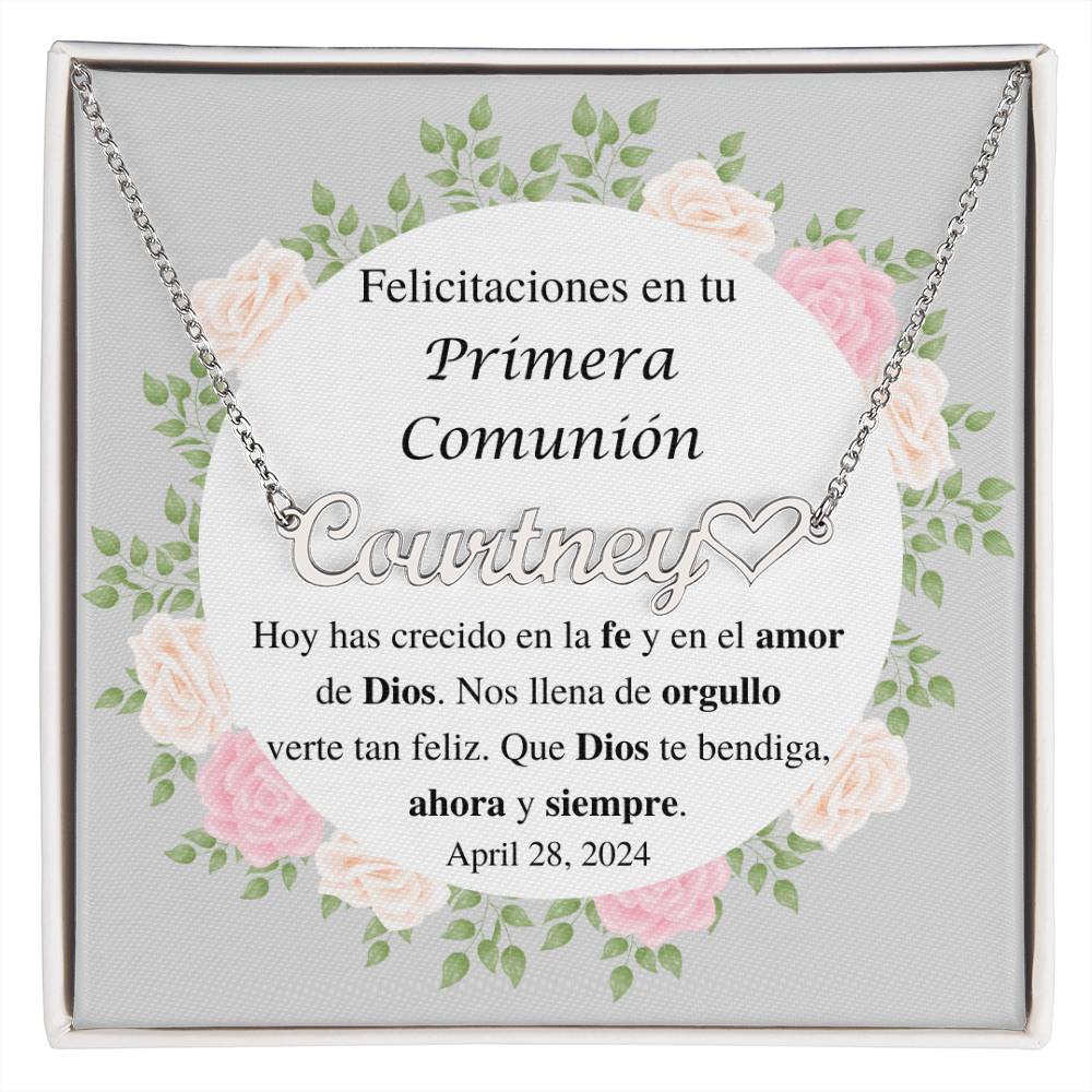 Collar Personalizado con Nombre y  Corazón, Regalo de primera comunión para niña, ahijada, nieta, sobrina