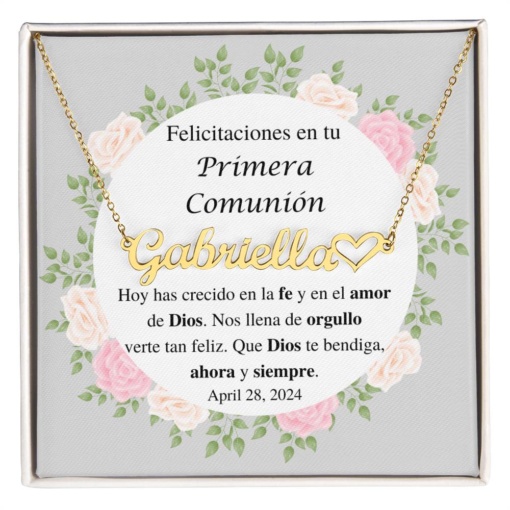 Collar Personalizado con Nombre y  Corazón, Regalo de primera comunión para niña, ahijada, nieta, sobrina