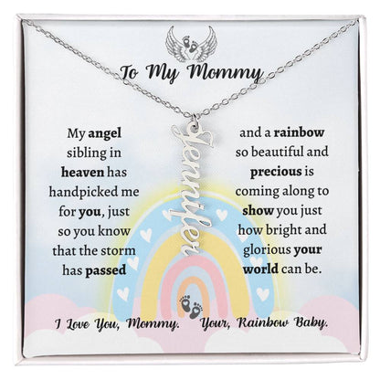 Personalized Vertical Name Necklace, rainbow baby gift for mommy-to-be on her baby shower, birthday, Christmas, Mother's Day