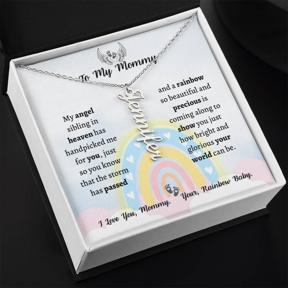 Personalized Vertical Name Necklace, rainbow baby gift for mommy-to-be on her baby shower, birthday, Christmas, Mother's Day