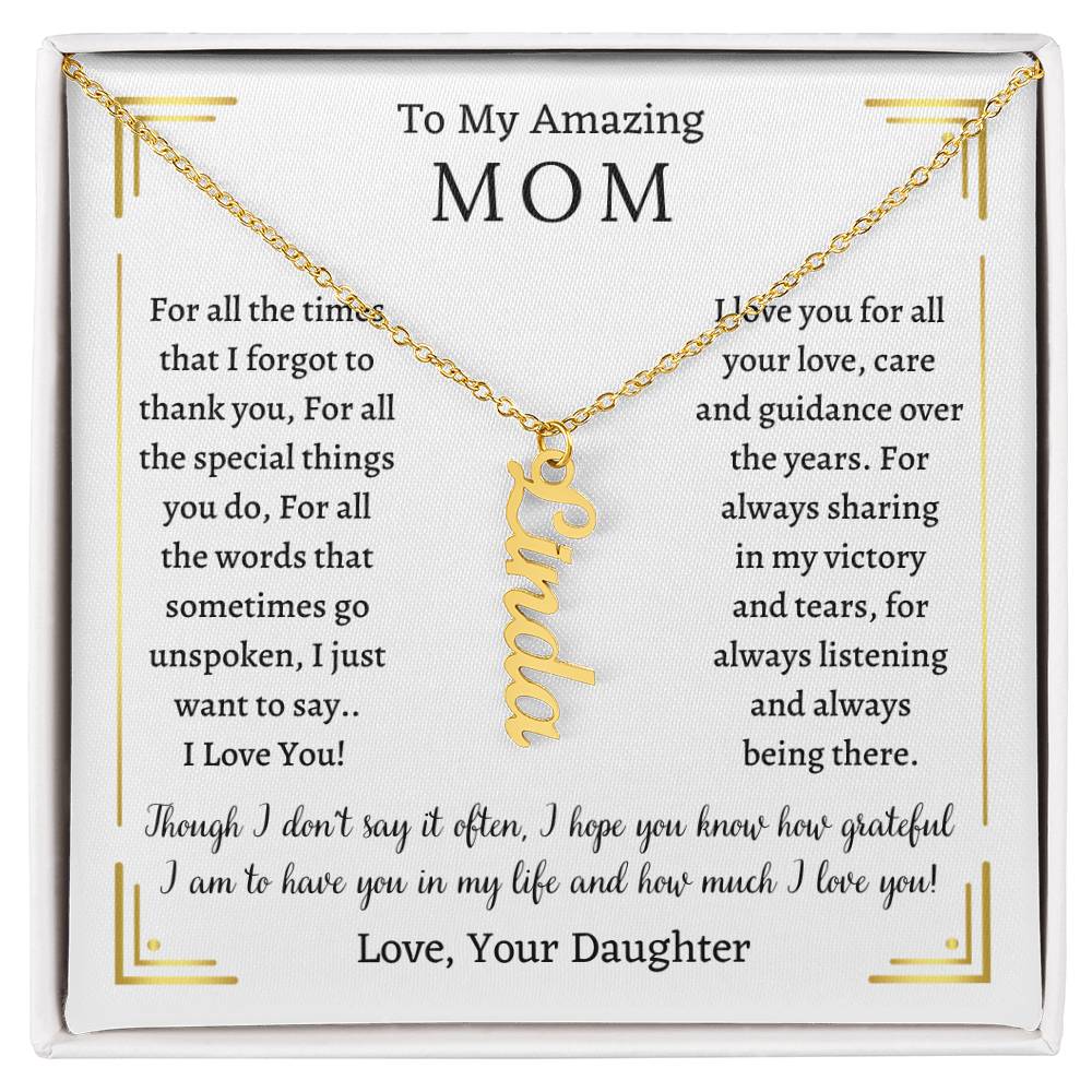 Personalized Vertical Name Necklace, gift for Mom for Thanksgiving, Christmas, her birthday, Mother's day