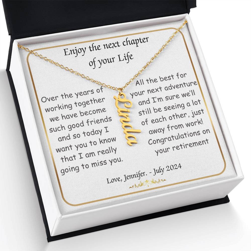 Personalized Vertical Name Necklace, Retirement gift for friend, coworker, colleague, boss