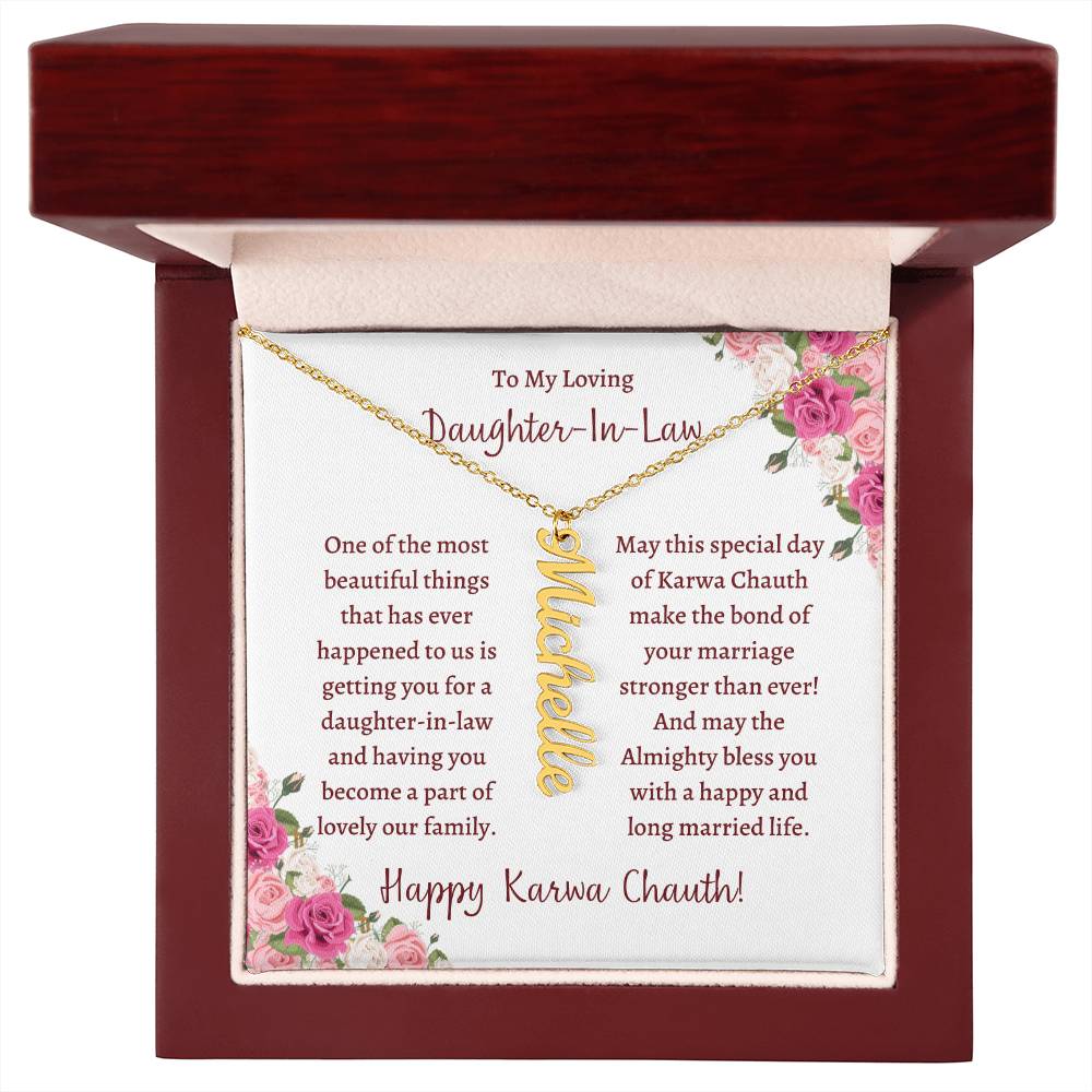 Personalized Vertical Name Necklace, Karwa chauth gift for daughter-in-law, indian festival gift for her