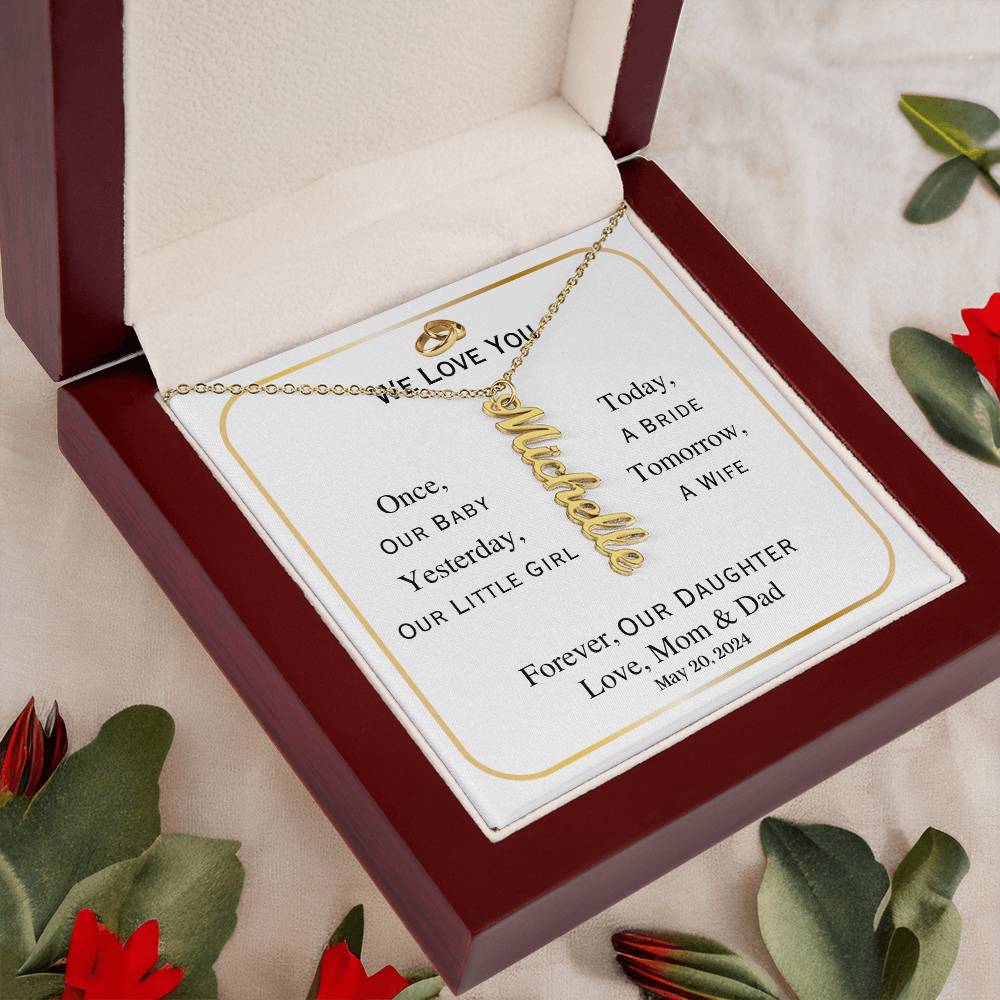 Personalized Vertical Name Necklace, gift for daughter on her wedding day.