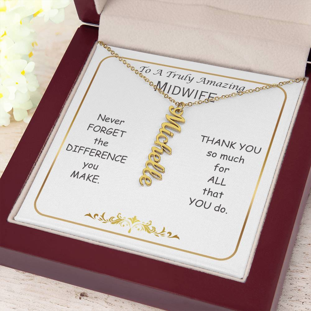 Personalized Vertical Name Necklace, gift for Midwife, International Midwife Day