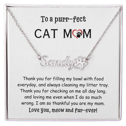 Paw Print Name Necklace, gift for Cat Mom