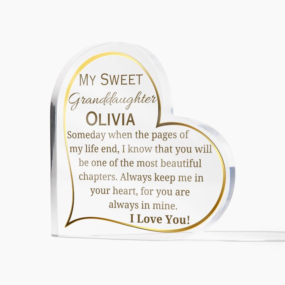 Printed Heart Shaped Acrylic Plaque, gift for granddaughter on Christmas, her birthday, thanksgiving