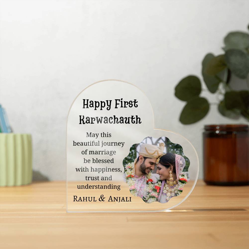 Printed Heart Shaped Acrylic Plaque, first Karwa chauth gift for son and daughter-in-law, sister-in-law, friend, couple gift