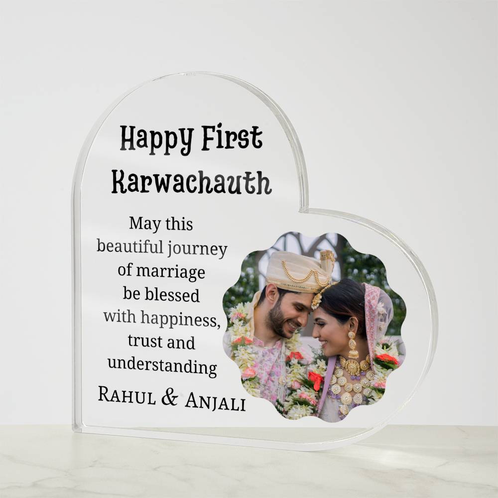 Printed Heart Shaped Acrylic Plaque, first Karwa chauth gift for son and daughter-in-law, sister-in-law, friend, couple gift