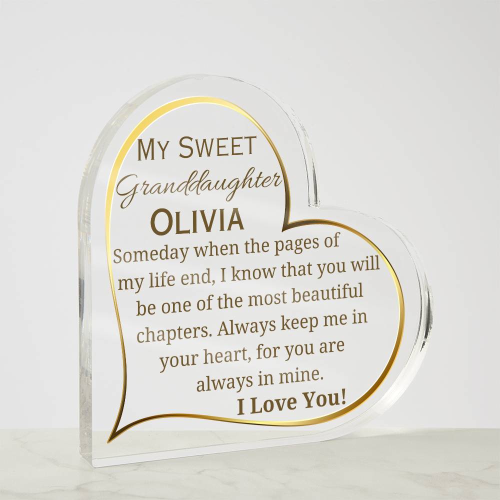 Printed Heart Shaped Acrylic Plaque, gift for granddaughter on Christmas, her birthday, thanksgiving