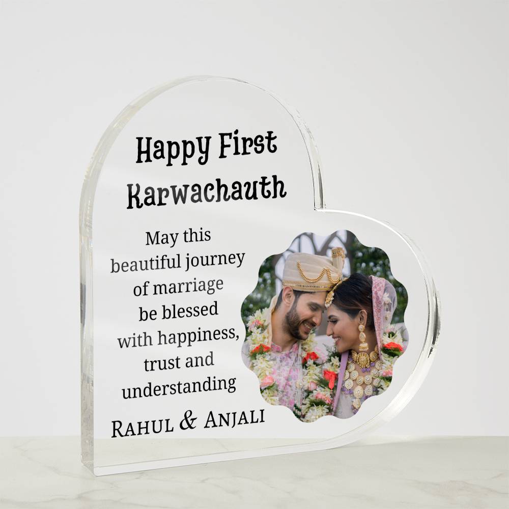 Printed Heart Shaped Acrylic Plaque, first Karwa chauth gift for son and daughter-in-law, sister-in-law, friend, couple gift