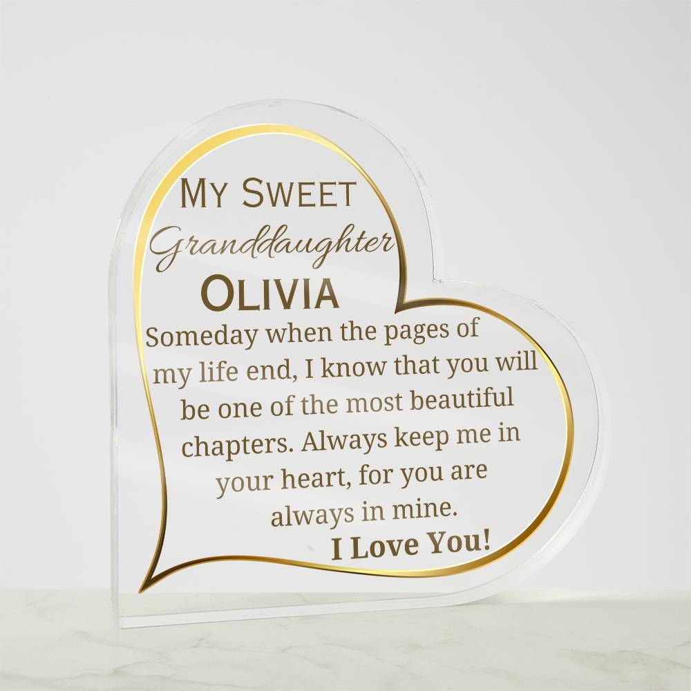 Printed Heart Shaped Acrylic Plaque, gift for granddaughter on Christmas, her birthday, thanksgiving