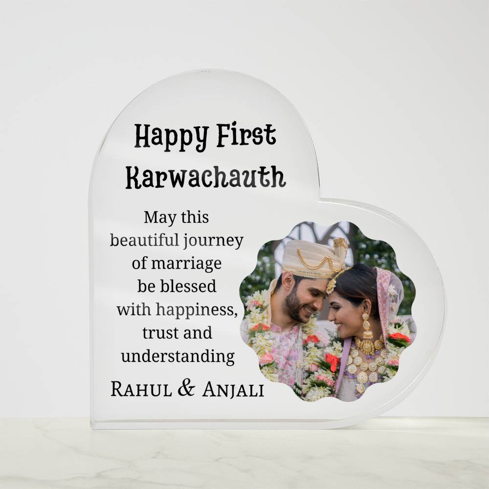 Printed Heart Shaped Acrylic Plaque, first Karwa chauth gift for son and daughter-in-law, sister-in-law, friend, couple gift